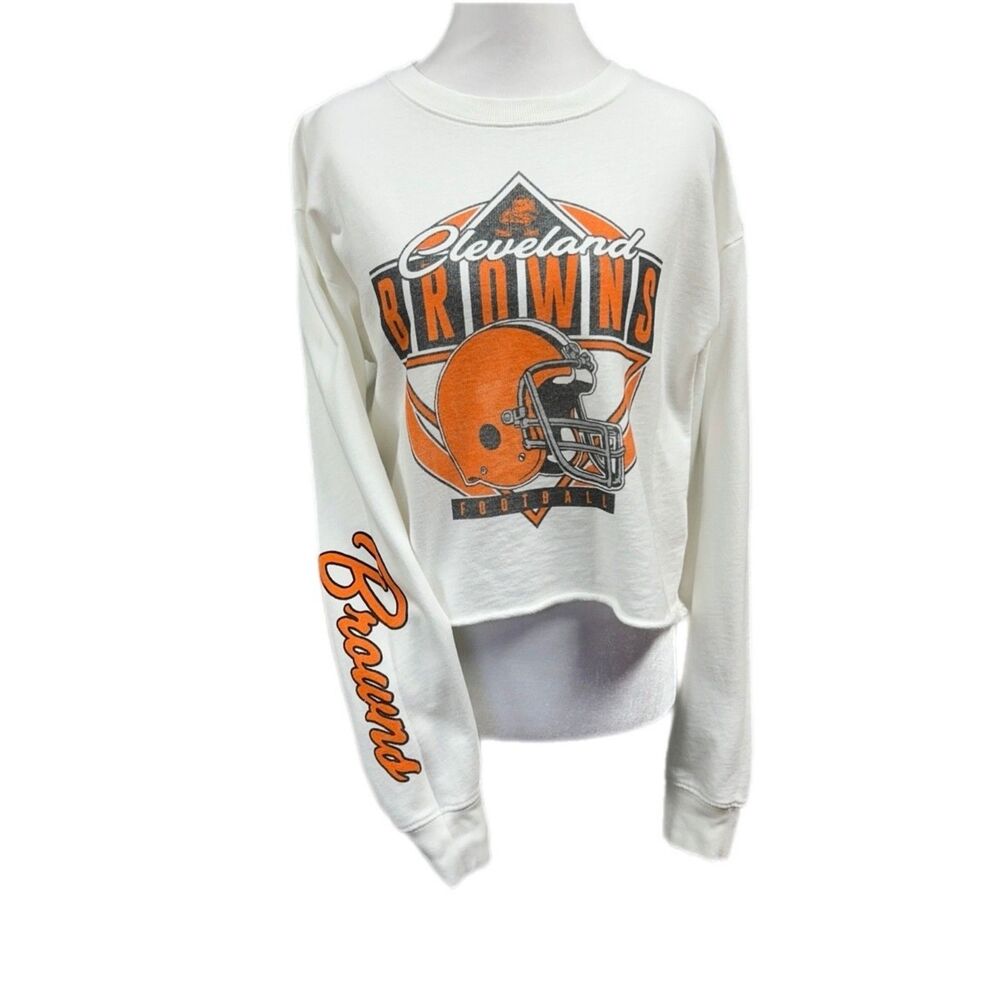 Junk Food Crop Raw Hem Cleveland Browns Football Sweatshirt Sz S White